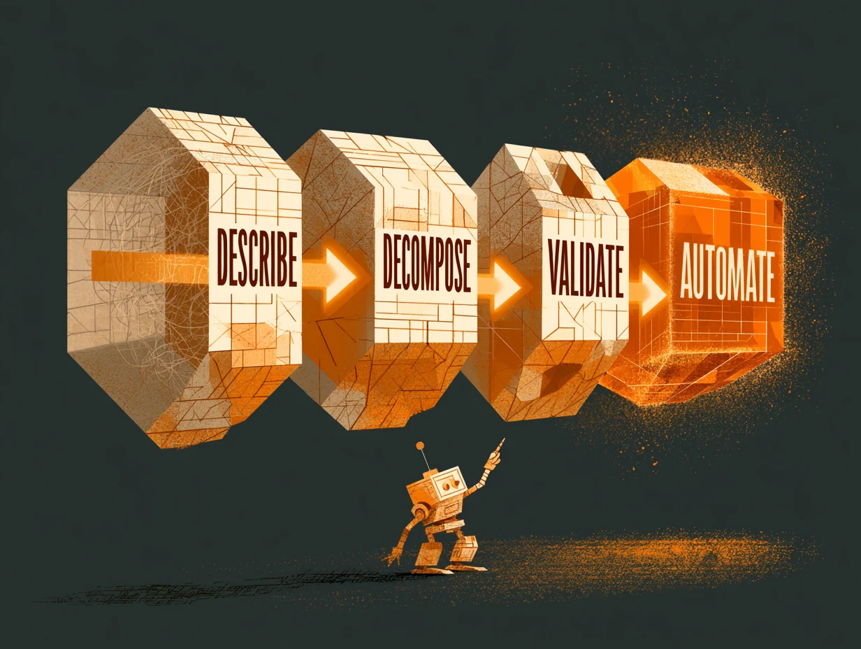 The Atomic AI framework: four stages from describe to decompose to validate to automate, shown as a sequential process flow